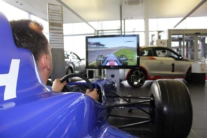 uomo in un simulatore di auto F1